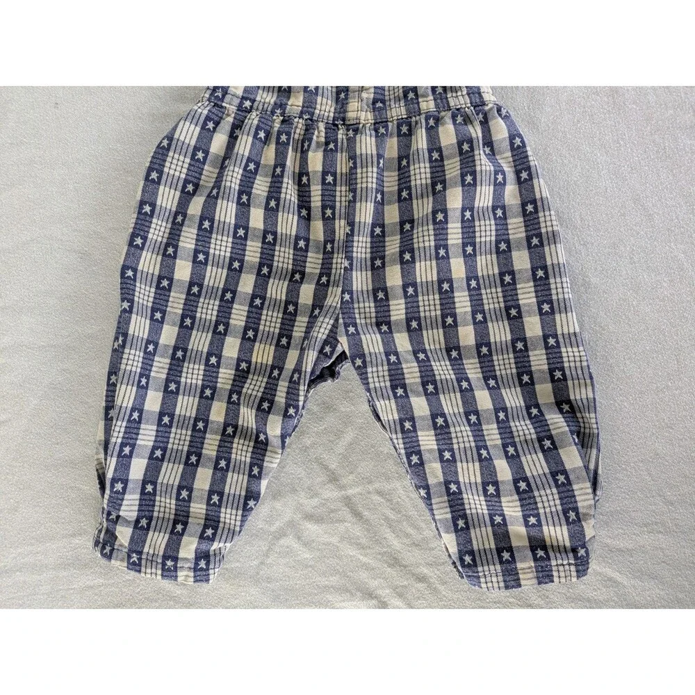Vtg 3-6 MO Oshkosh B’Gosh Blue Plaid Star Overalls Vestbak USA Patriotic Cotton